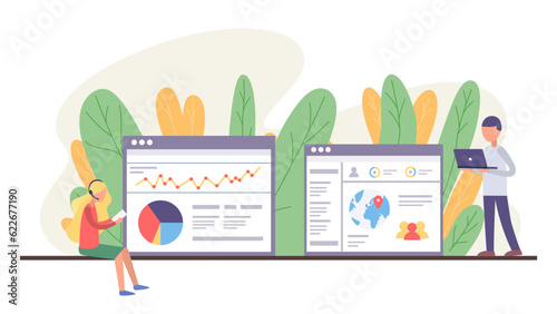 Tech support of website. Woman with headset holding paper in hands. Man admin with laptop. People analysing information at sites, statistic of site using, give useful info to users of website