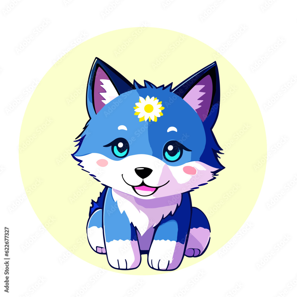 Obraz premium Hand drawn cute baby wolf cub in cartoon style. Isolated design element on decorative background. Vector illustration. Design of stickers, logo, cover, greeting card, children book. 
