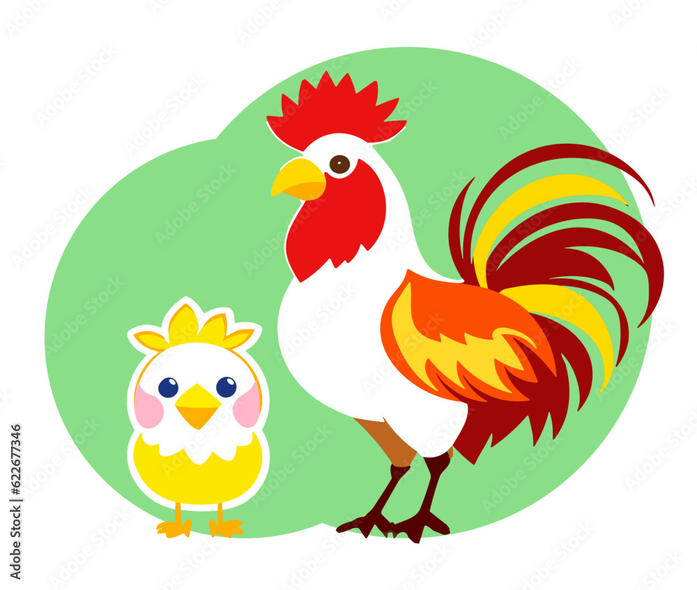 Hand drawn cute chicken and rooster in cartoon style. Isolated design element on decorative background. Vector illustration. Design of stickers, logo, cover, greeting card, children book. 