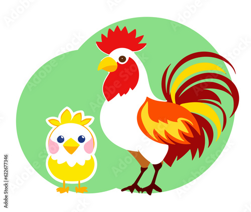 Hand drawn cute chicken and rooster in cartoon style. Isolated design element on decorative background. Vector illustration. Design of stickers, logo, cover, greeting card, children book.  © Ольга Федоренко