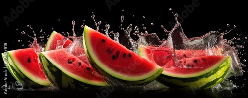 Slides fresh of watermelon on dark background with water drops, summer panorama. Generative Ai.