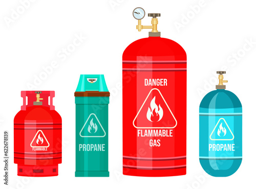 Collection of cartoon vector icons. Gas cylinder, balloon with gas, propane, gas tank. Danger flammable gas, warning sign. Reservoirs with regulators. Gas container with indicator, manometr. Caution