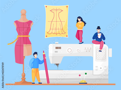Sewing workshop with designers at sewing machine background. Sewers working with sewing pattern. Flat design vector illustration of sewer with pencil, mannequin with unfinished dress, needle case