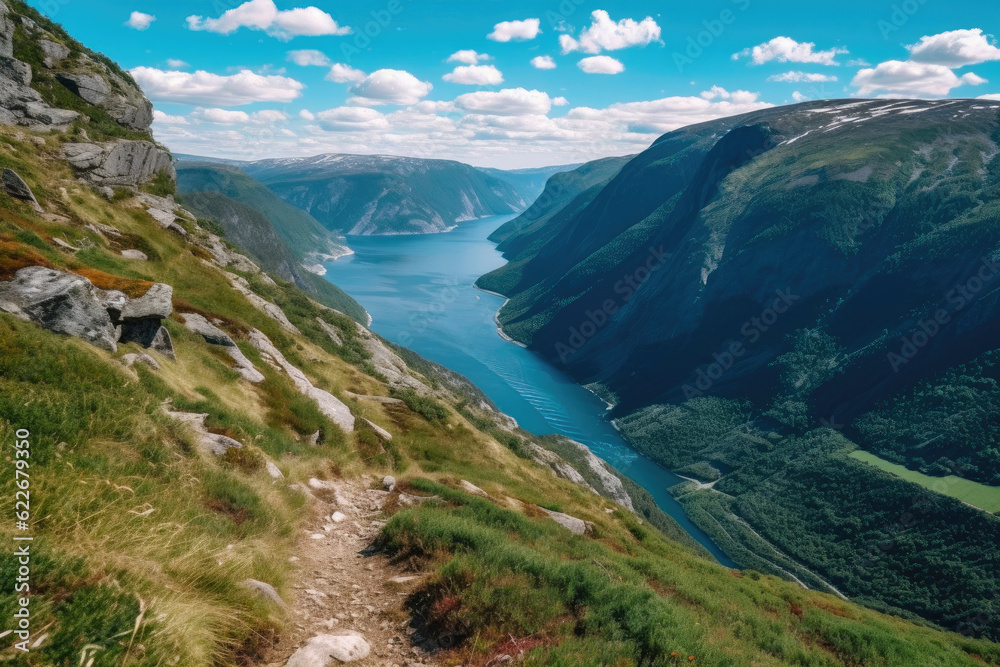 Landscape with mountains, forest and a river in front. beautiful scenery. Generative AI Landscape with mountains, forest and a river in front. beautiful scenery. Generative AI