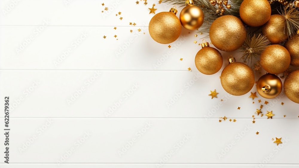 Obraz premium Golden Christmas balls on white background. New Year festive backdrop. Top view. Generative AI