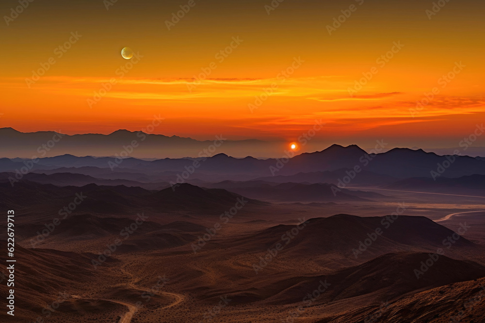 Obraz premium Landscapes with silhouettes of mountains at sunset. Generative AI