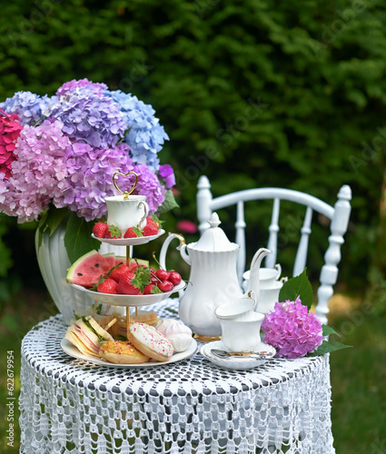 traditional English tea, high tea. 
picnic in the garden.