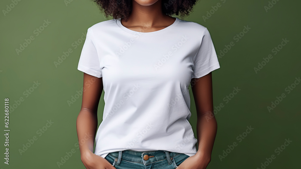 Plain white t-shirt mockup design. Portrait of young afro american woman on pastel green background. Front view. Plain white t-shirt mockup design. Portrait of young afro american woman on pastel green background. Front view.