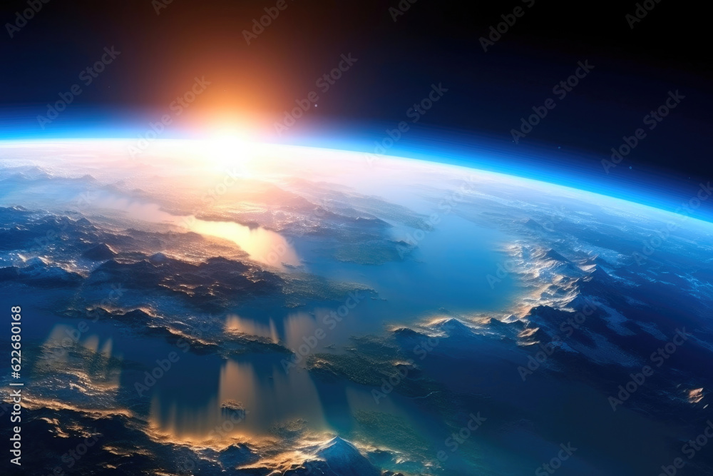 Sunrise over earth as seen from space. Generative AI Sunrise over earth as seen from space. Generative AI