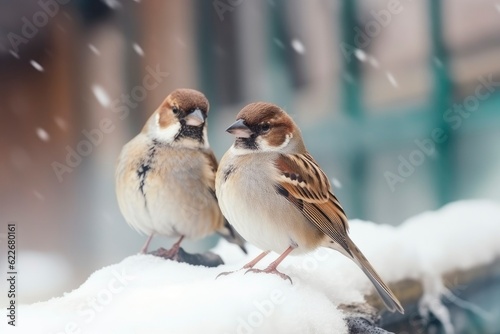 Cute little sparrows sitting on a branch in winter. Winter background  animal theme