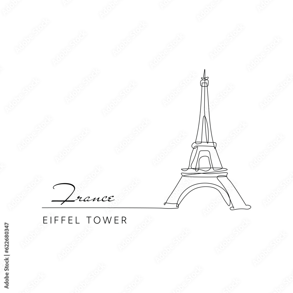 Line drawing doodle eiffel tower, France tourist attraction, Paris, travel.