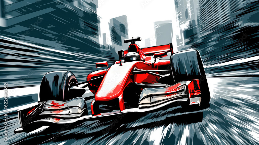 F1 Car's Urban Adventure: A Blur of Speed and Cityscape. Generative AI
