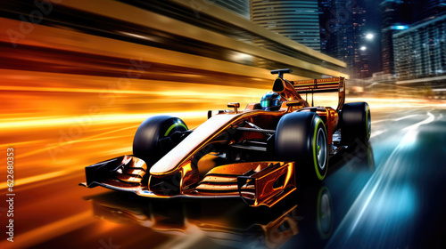 Explosive Speed: F1 Car Surges through Urban Landscape. Generative AI