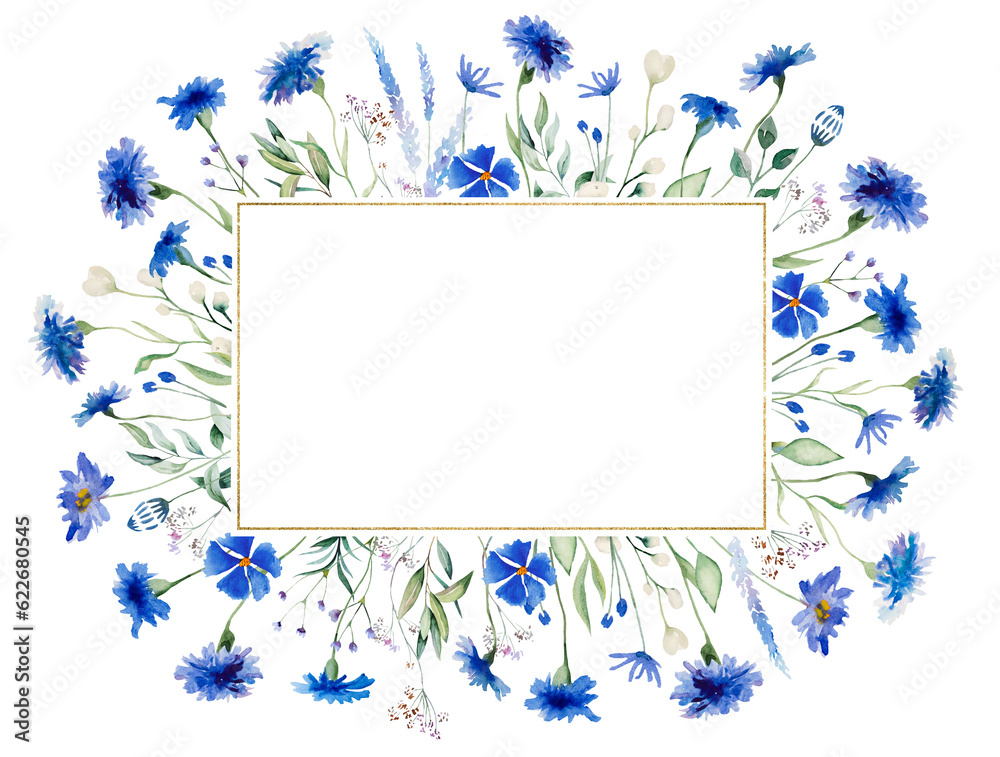 Watercolor blue cornflower golden rectangular frame, summer wedding, isolated illustration