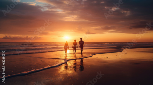 Silhouettes of three people, mesmerized by the setting sun, standing by the sea, as the waves roll towards the horizon, creating a breathtaking sight