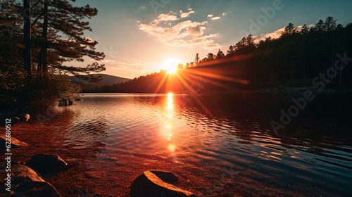 Captivating Image of a Tranquil Lake at Sunset: Inspiring Serenity. Generative AI.