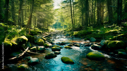 Peaceful River Flowing Through Pristine Wilderness: Serene Landscape. Generative AI.