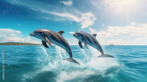 In a harmonious dance, two dolphins gracefully leap through the sparkling sea, adding life to a breathtaking coastal landscape © ArYu Photography