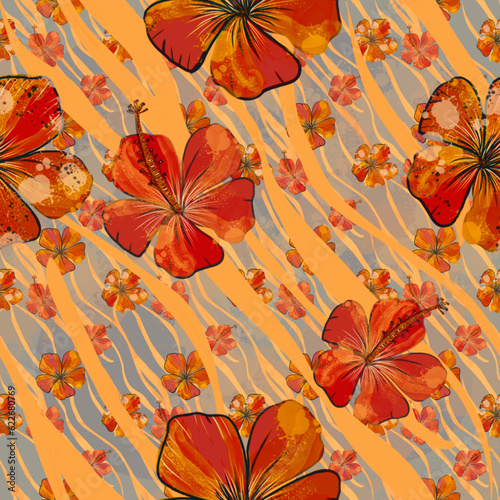 Trendy floral animalistic seamless textile print. Animal skin pattern and floral ornament flowers fabric background. Warm rich colors