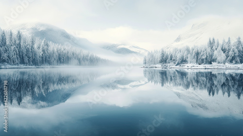 In the winter's icy embrace, a serene lake reflects the snow-capped mountains, while cold winds whisper through the trees, painting a tranquil winter scene © ArYu Photography