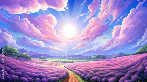 Lavender field with blue sky, clouds, sunbeam, and fluffy clouds. (Generative AI)