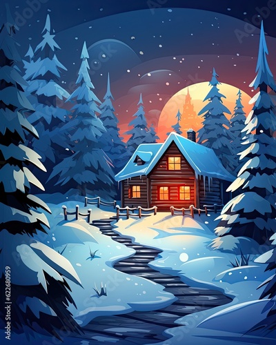 The painting depicts a snowy forest cabin at night. (Generative AI)