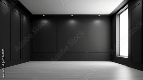  Interior empty dark black apartment. Modern design. Big light room with copy space. Generative AI