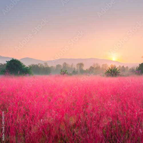 Pink meadow in foggy dusk