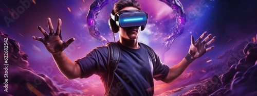 Virtual reality 3d augmented experience exited digital generate person wear vr glasses goggle headset hand gesture touch 3d object in virtual world fun cheerful and remarkable,generative ai photo
