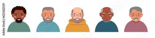 Elderly men avatars in the flat style. Portraits of old men. Seniors.	
