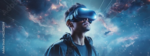 Virtual reality 3d augmented experience exited digital generate person wear vr glasses goggle headset hand gesture touch 3d object in virtual world fun cheerful and remarkable,generative ai photo