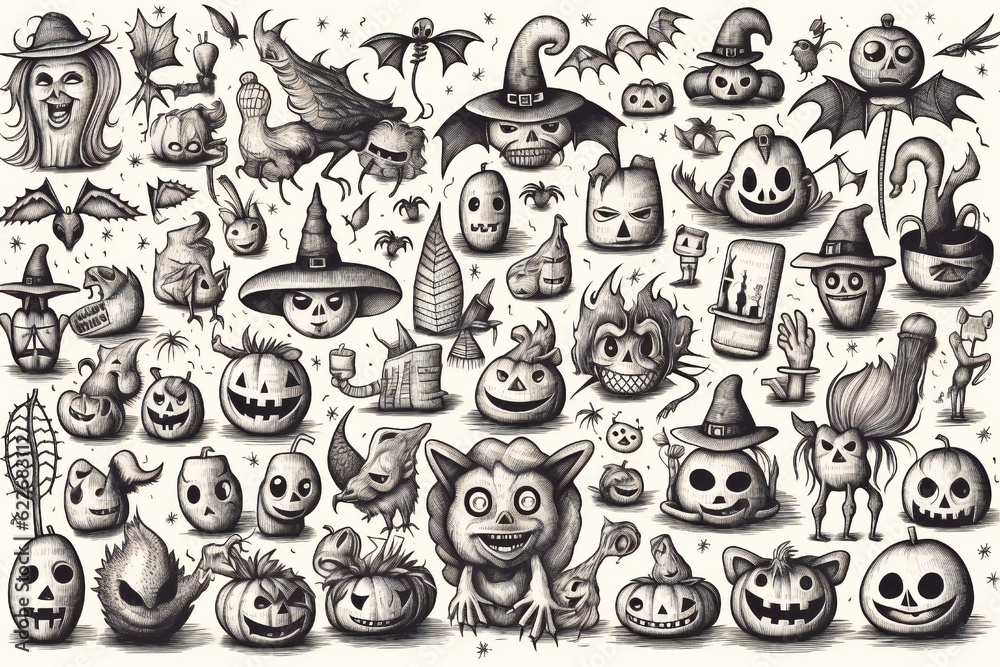 Obraz premium Halloween Doodles Clip art on white background Generative AI 