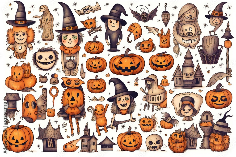 Fototapeta premium Halloween Doodles Clip art on white background Generative AI 