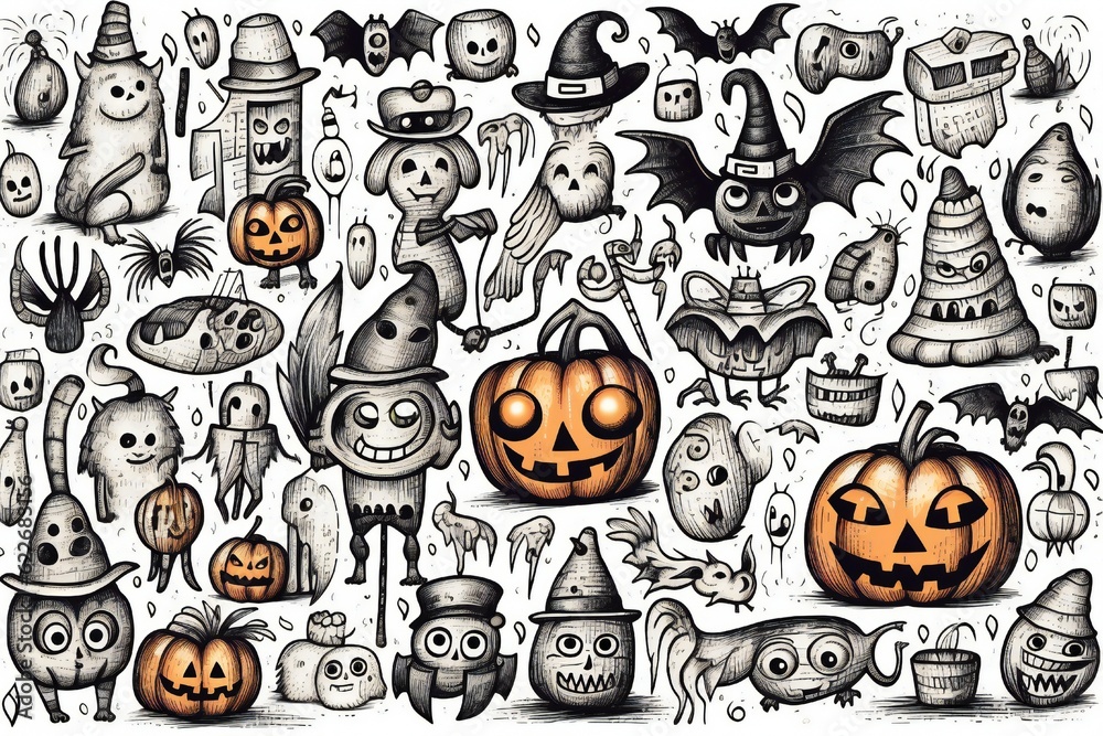 Halloween Doodles Clip art on white background Generative AI 