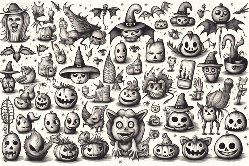 Halloween Doodles Clip art on white background Generative AI 