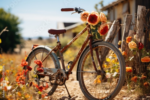 The Symphony of Solitude: A Singular Bicycle Finds Harmony Nestled Against a Weathered Fence, Surrounded by a Burst of Wildflower Splendor Generative AI   © furyon