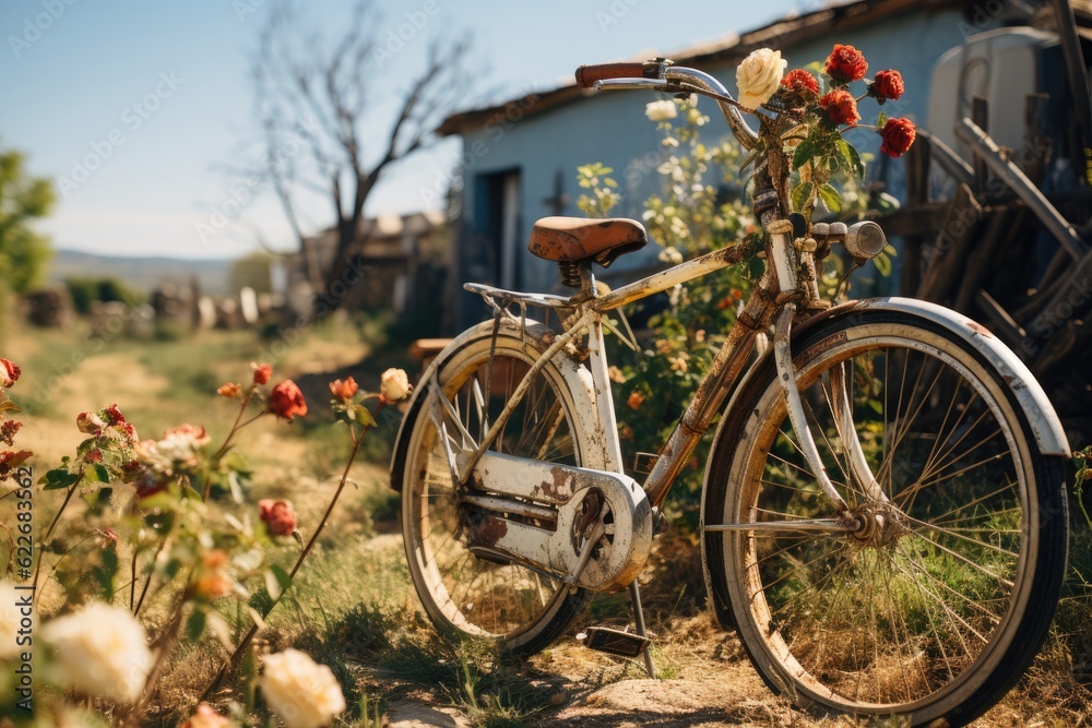 Nature's Serenade: A Solitary Bicycle Finds Tranquility Amidst a Tapestry of Blooming Wildflowers and Rests Against a Rustic Wooden Fence Generative AI	
