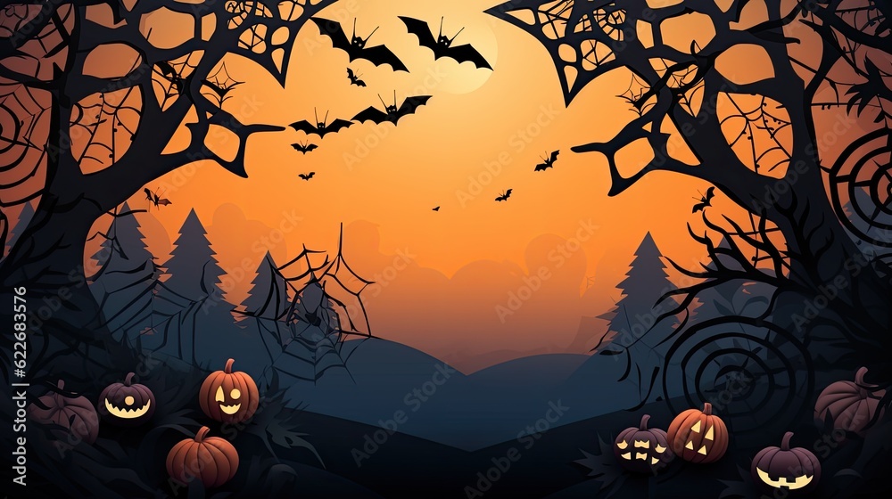 Creepy Halloween illustration with a haunted house, jack-o'-lanterns, and a spooky tree against a dark night sky. Ideal for Halloween designs.