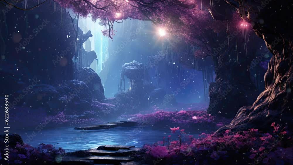 Fantasy forest, blue and purple, magical and surreal landscape