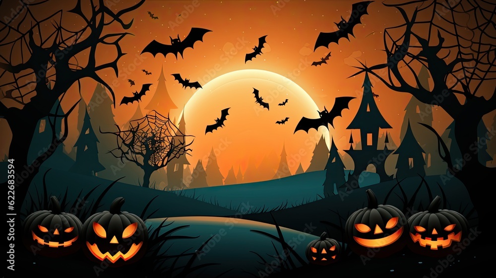 Scary Halloween poster featuring a ghost, pumpkins, and bats against an orange moonlit sky. Perfect for Halloween-themed events or parties.