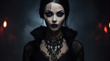 Beautiful woman with dark Halloween makeup and a vampire costume. Scary and glamorous portrait of a female in gothic fashion. Concept of horror and fantasy.