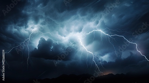 Dramatic and intense lightning bolts illuminating a black cloud sky, thunderstorm at night, Halloween holiday