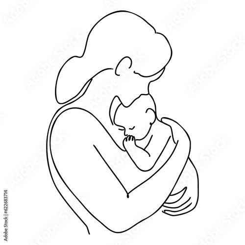 Happy Mother day card. Continuous one line drawing. Woman hold her baby. 
