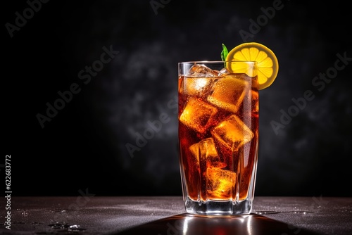 glass of cola with ice on an isolated black background photo