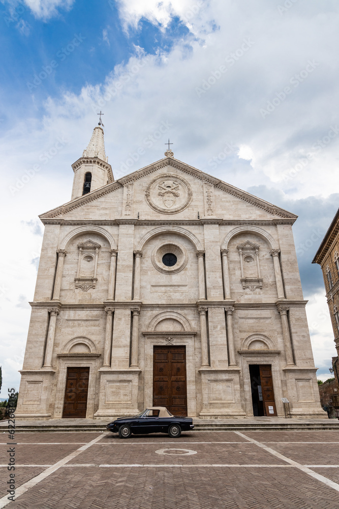 Piazza Pio II is the main square of Pienza, Italy. Extremely elegant, itis where the beautiful Cathedral of Pienza is located