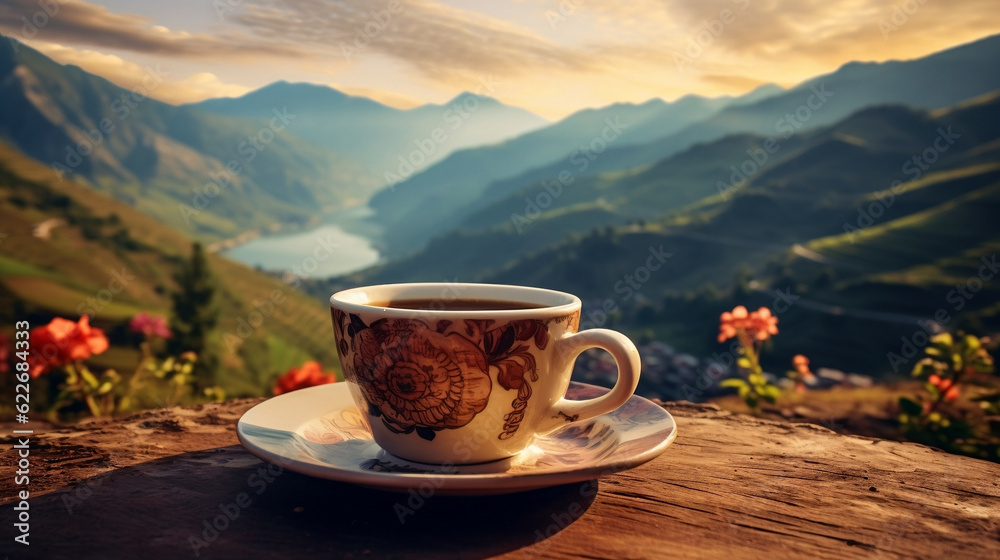 Cup of coffee latte on the background of mountains new quality universal colorful technology illustration design generative ai	 - obrazy, fototapety, plakaty 
