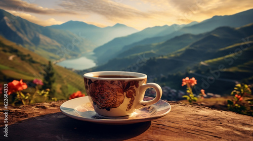 Foto Cup of coffee latte on the background of mountains new quality universal colorfu