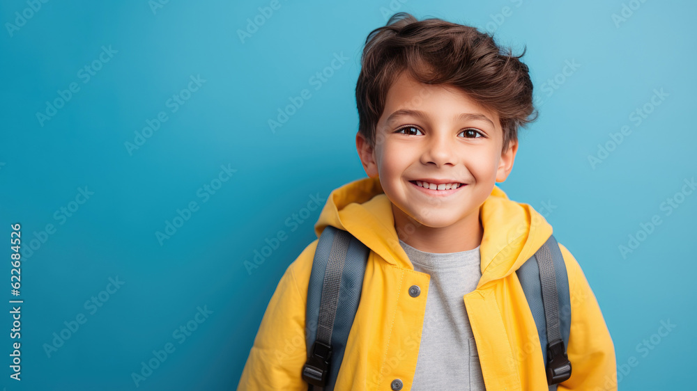 Portrait of smiling boy with school bag isolated on blue background. Back to school concept. AI Generated. Portrait of smiling boy with school bag isolated on blue background. Back to school concept. AI Generated.