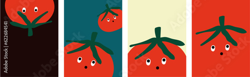 Vector red tomato and green leave character wallpaper with black green red background.