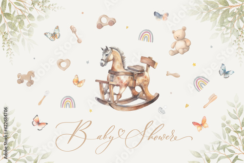 Cute baby shower watercolor invitation card for baby and kids new born celebration with baby toys and wooden rocking horse.